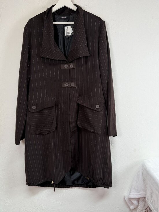 Animale Jackets & Blazers - Animale Women's Size 12 Brown Pinstripe Long Coat Jacket Drawstring Hem NWT $238